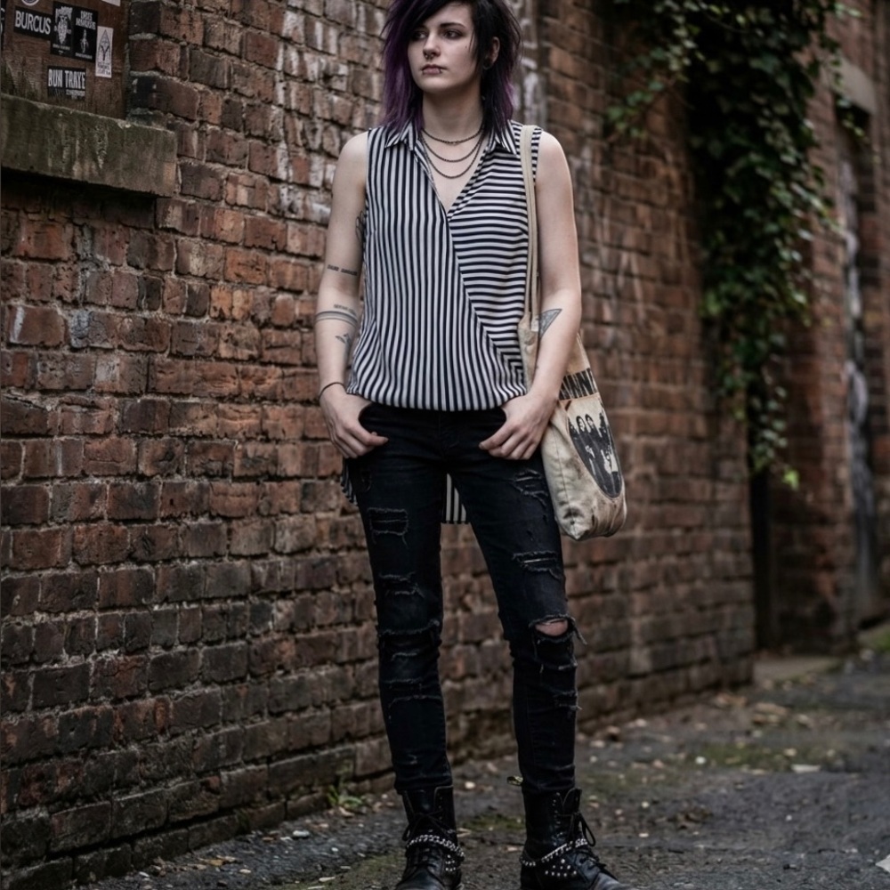 LOVE TREE Emo Indie Goth Black White Striped Sleeveless Wrap Surplice Top S